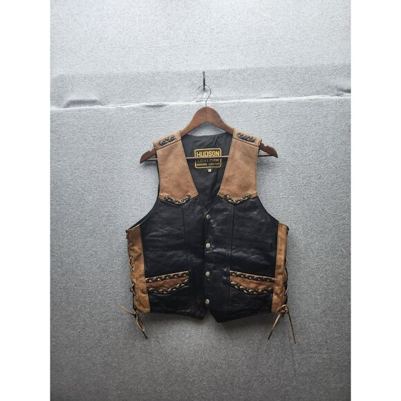 Vintage Hudson Leather genuine motorcycle bike snap Two-Tone Black & Brown Vest - Picture 1 of 3